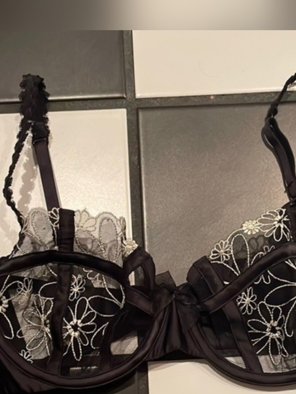 For Love & Lemons💎 Black Sheer Floral Embroidered Underwire Bra